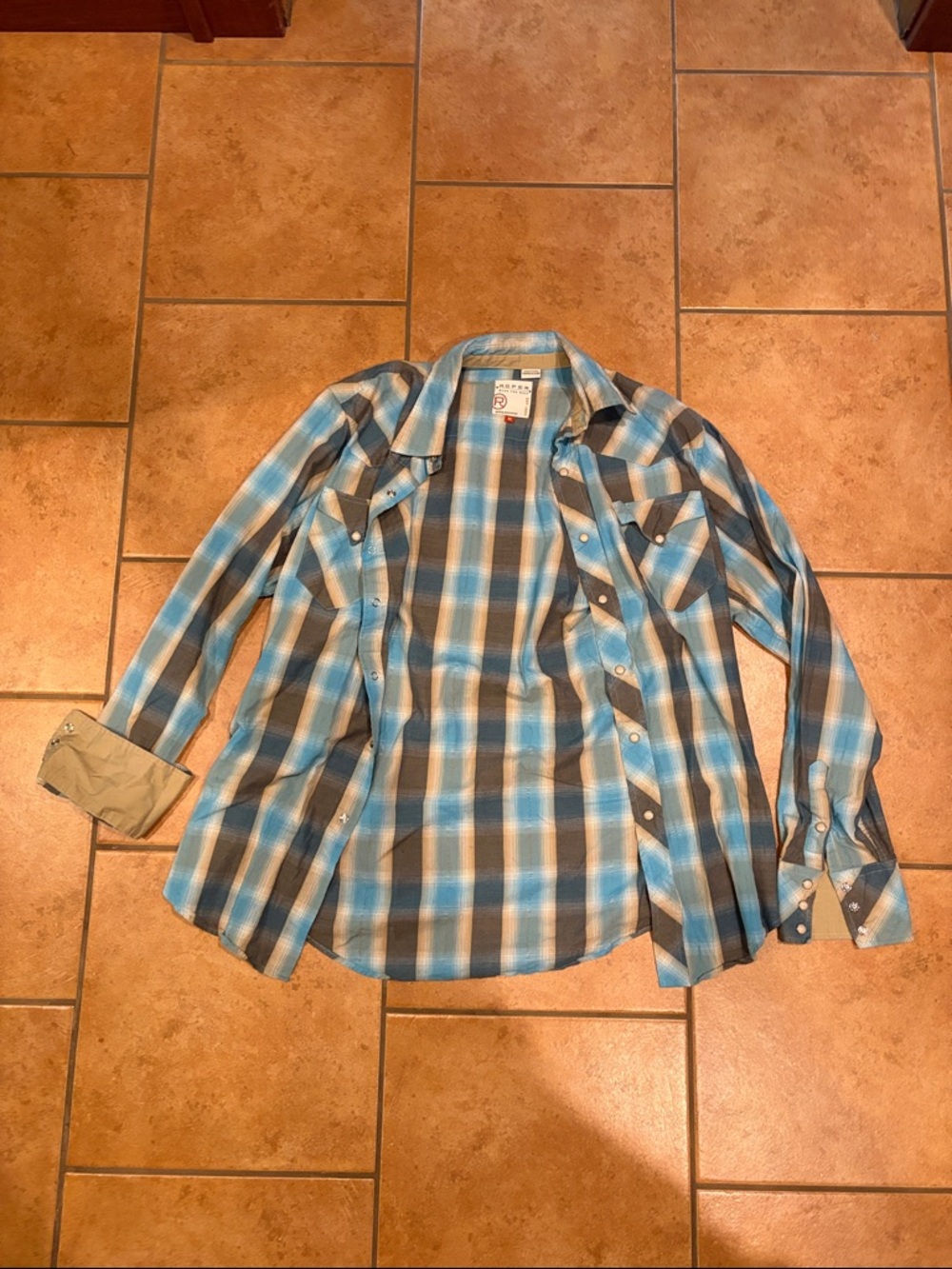 Roper Blue and Gray Plaid pearl snap Button-Down Western Shirt